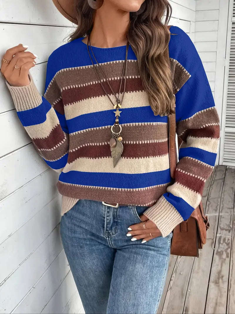 Damen Gestreifter Pullover | Rundhals-Strickpullover für Freizeit
