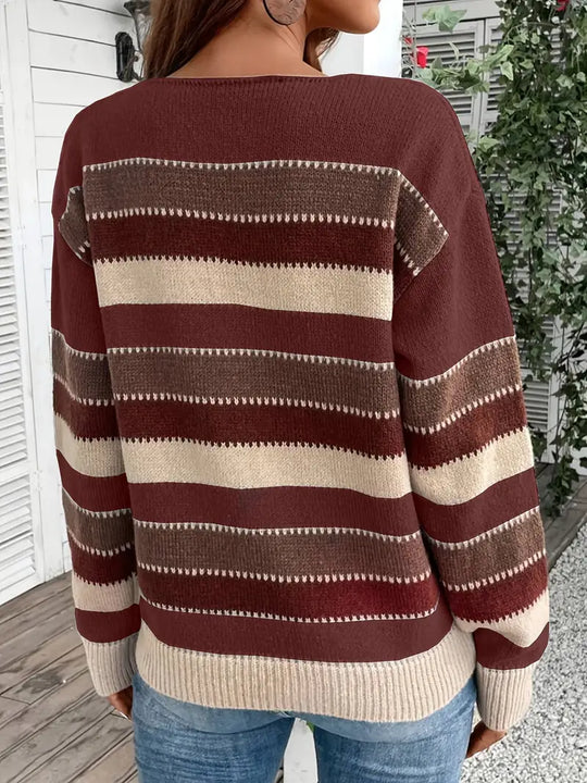 Damen Gestreifter Pullover | Rundhals-Strickpullover für Freizeit