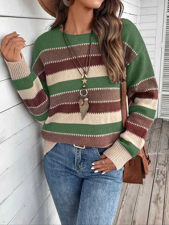 Damen Gestreifter Pullover | Rundhals-Strickpullover für Freizeit