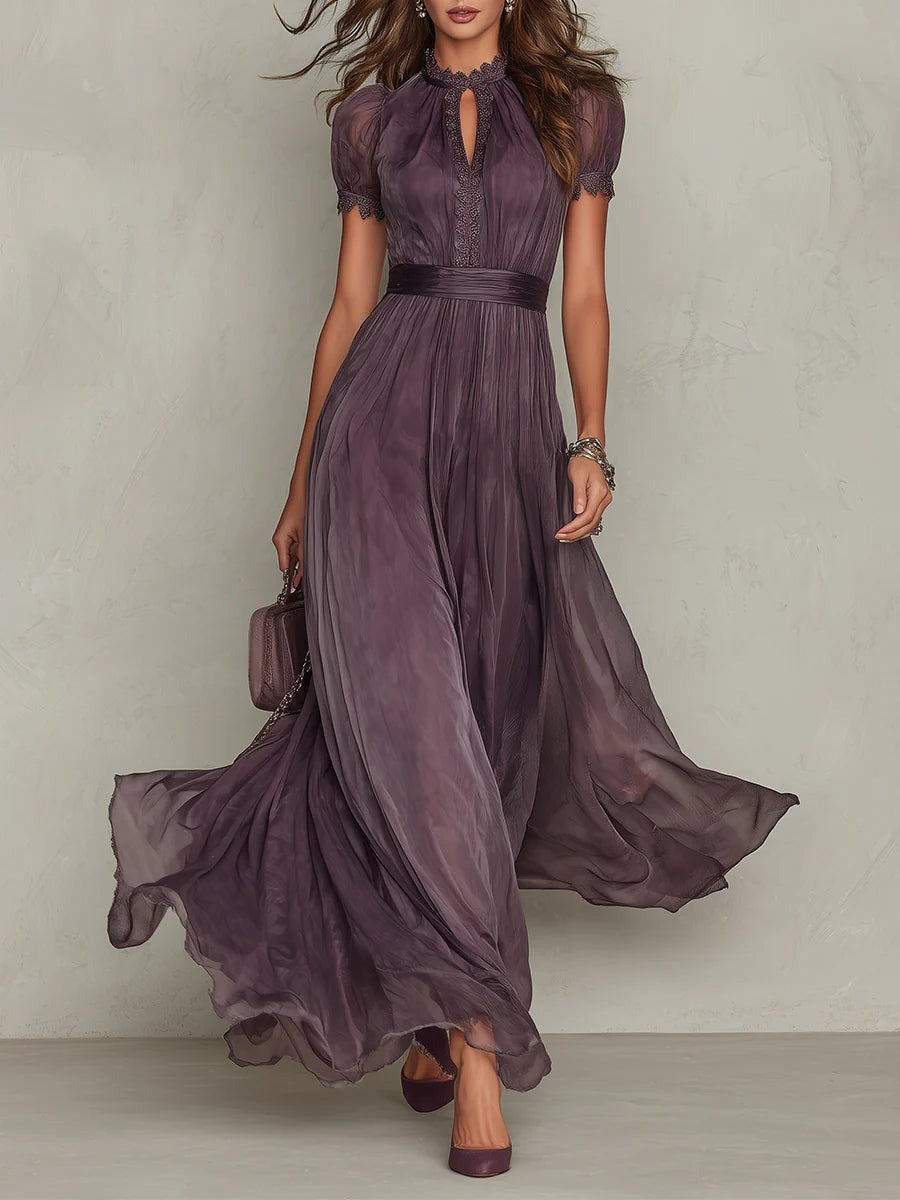Dark Purple - Chiffon Maxi Dress with Keyhole Ruffled Neckline for Women
