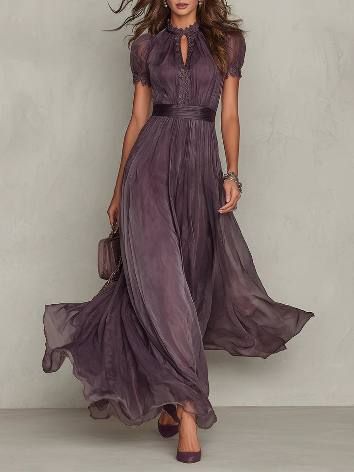 Dark Purple - Chiffon Maxi Dress with Keyhole Ruffled Neckline for Women