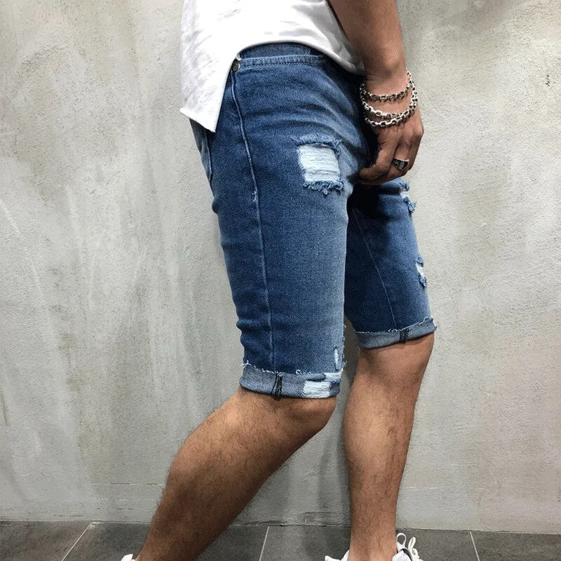 Herren Eng Geschnitten Jeansstof Kurze Hosen | Zerrissen Knielang