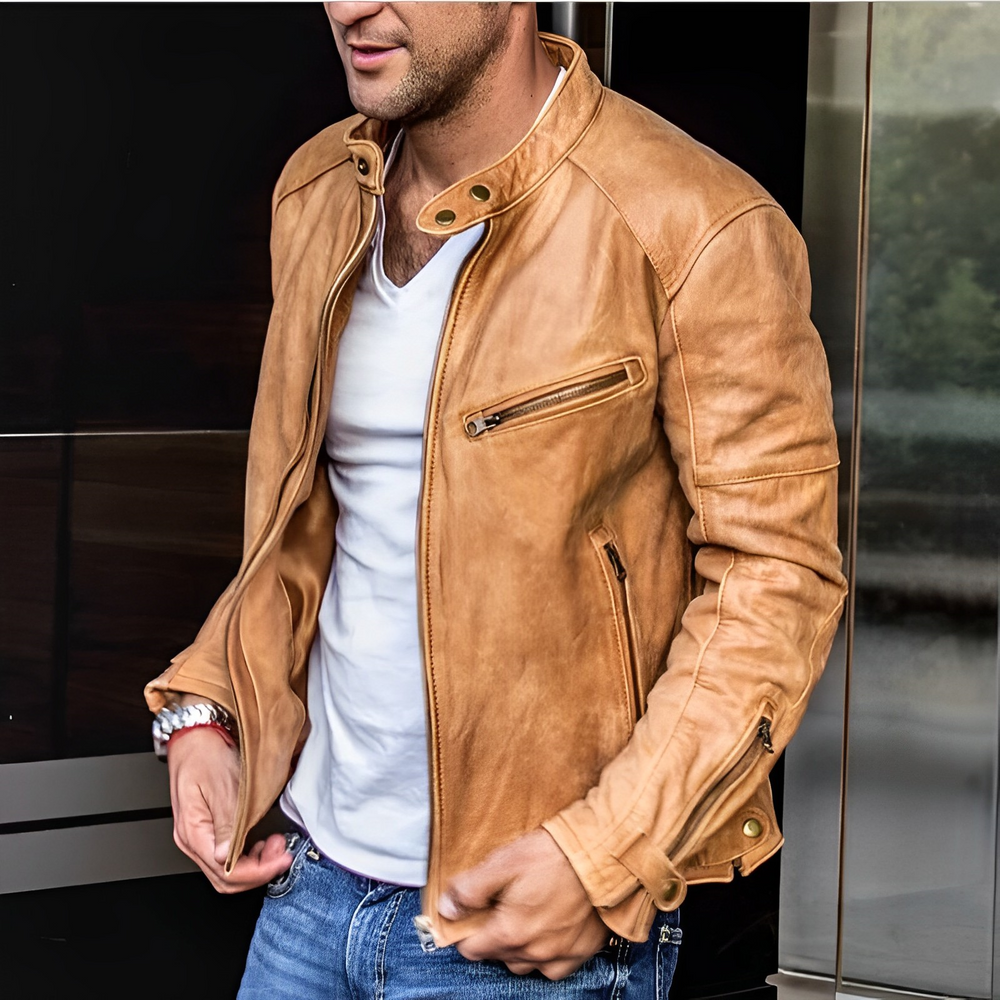 Einfarbige lässige Motorradjacke für Herren | Stehkragen