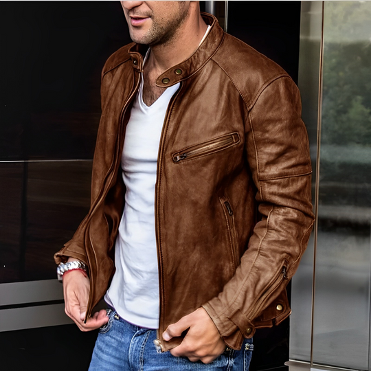 Einfarbige lässige Motorradjacke für Herren | Stehkragen