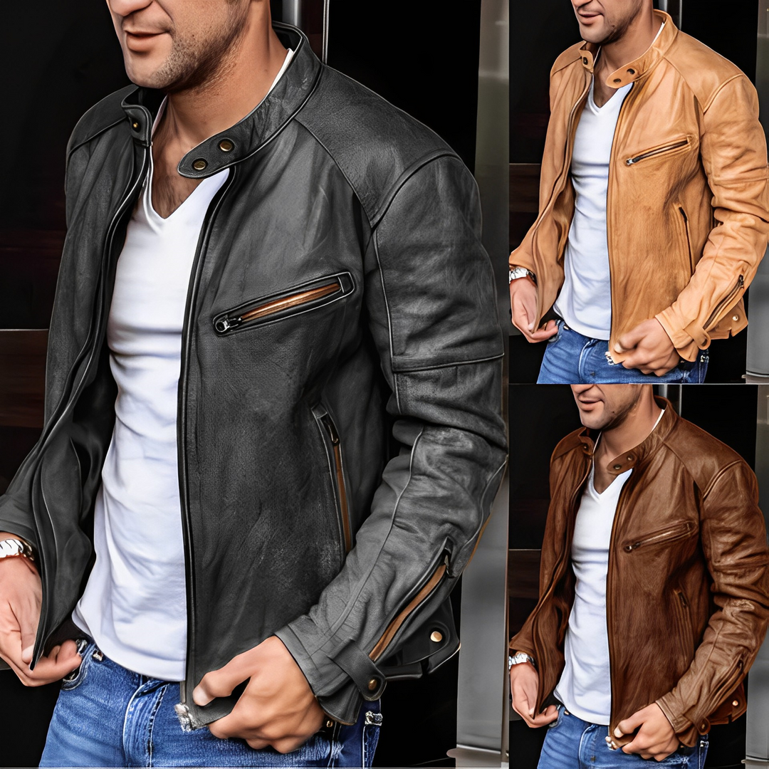 Einfarbige lässige Motorradjacke für Herren | Stehkragen