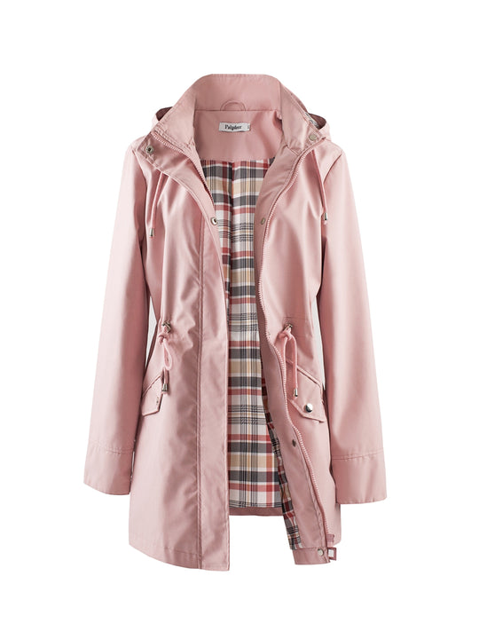 Damen Kapuzen-Trenchcoat | Langer Reißverschlussmantel mit Kordelzug und Taschen für Herbst und Winter