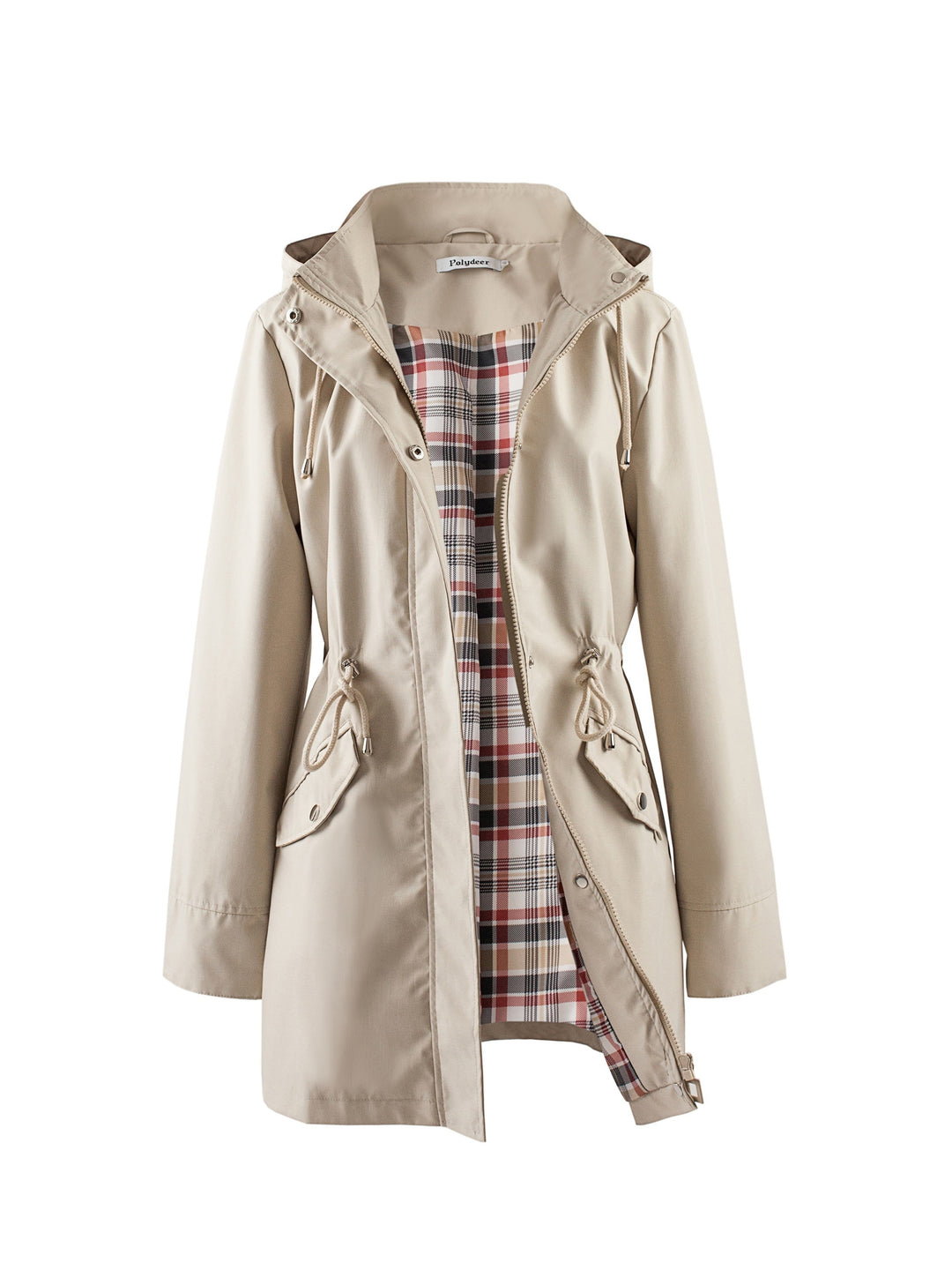 Damen Kapuzen-Trenchcoat | Langer Reißverschlussmantel mit Kordelzug und Taschen für Herbst und Winter