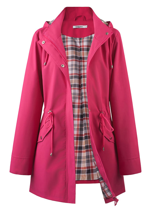 Damen Kapuzen-Trenchcoat | Langer Reißverschlussmantel mit Kordelzug und Taschen für Herbst und Winter