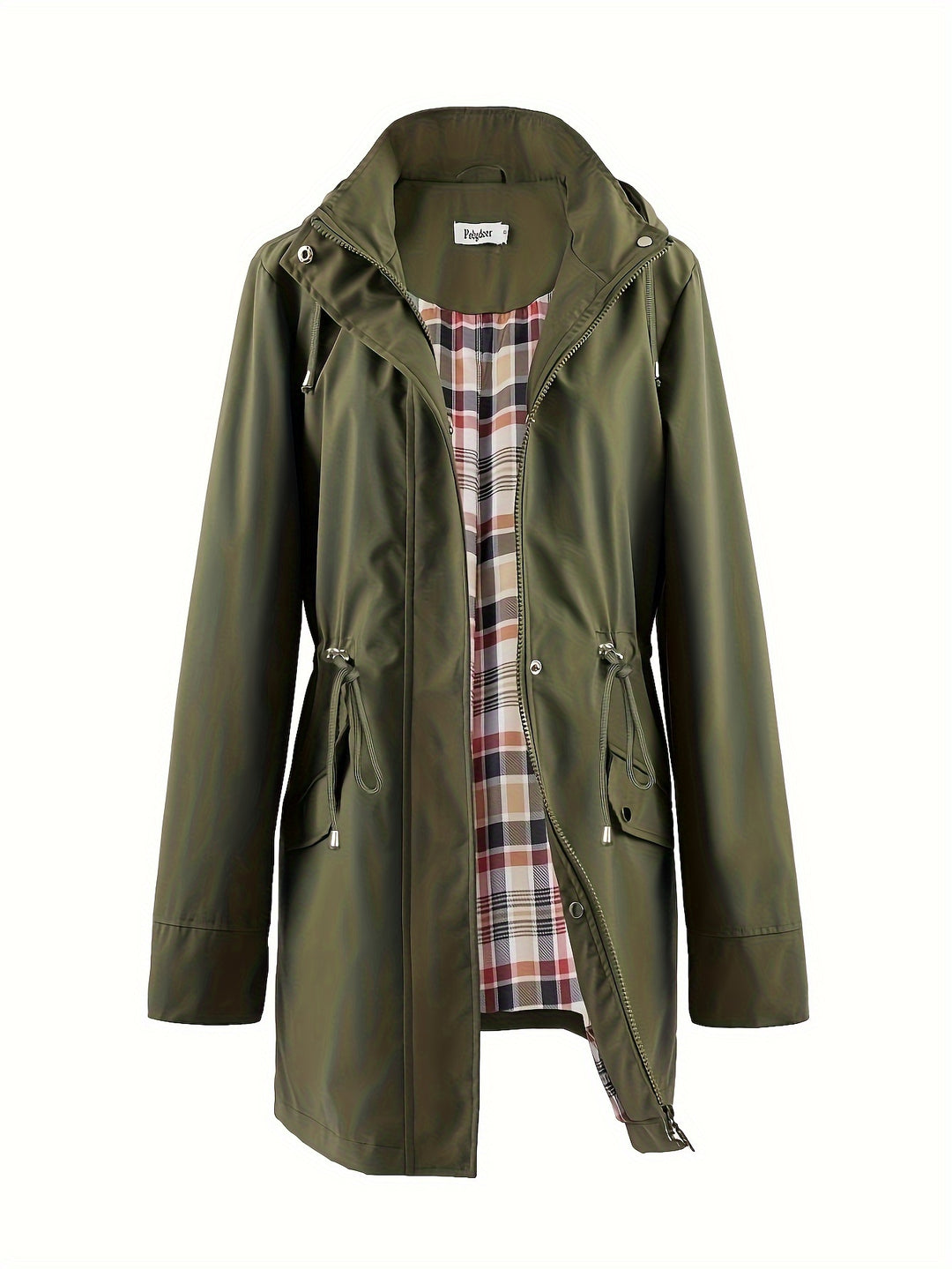 Damen Kapuzen-Trenchcoat | Langer Reißverschlussmantel mit Kordelzug und Taschen für Herbst und Winter