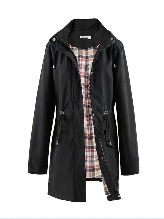 Damen Kapuzen-Trenchcoat | Langer Reißverschlussmantel mit Kordelzug und Taschen für Herbst und Winter